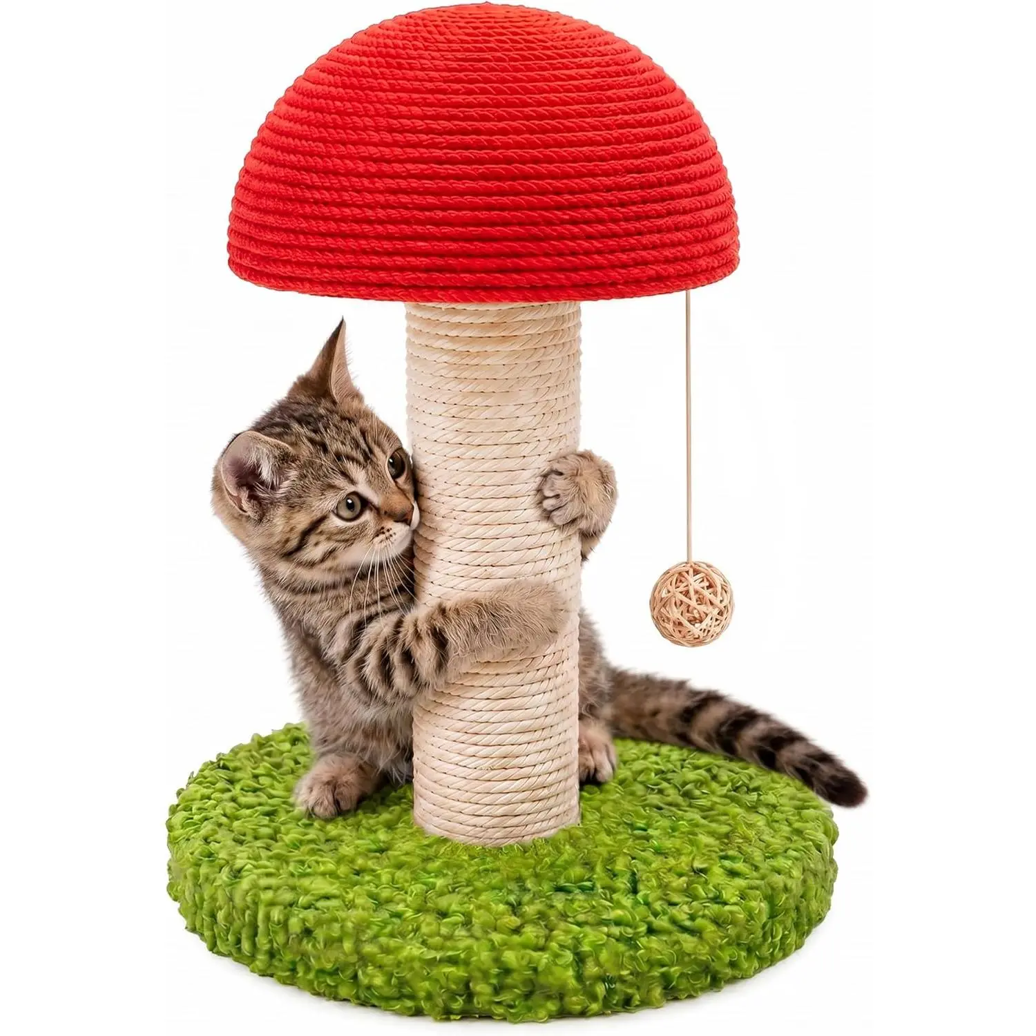 Mushroom Cat Scratching Post 11" for Kitten & Small Cats, Mini Cat Tree Stable Base, Natural Sisal Scratcher with Hanging Ball, Space Saving Indoor Cat Toy for Small Spaces and Apartments