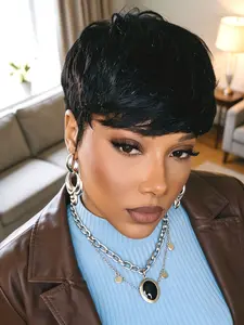 Short Wavy Pixie Cut Human Hair Wig with Bangs, Full Machine Made, Natural Look, Beginner Friendly, Daily & Party Wear for Women