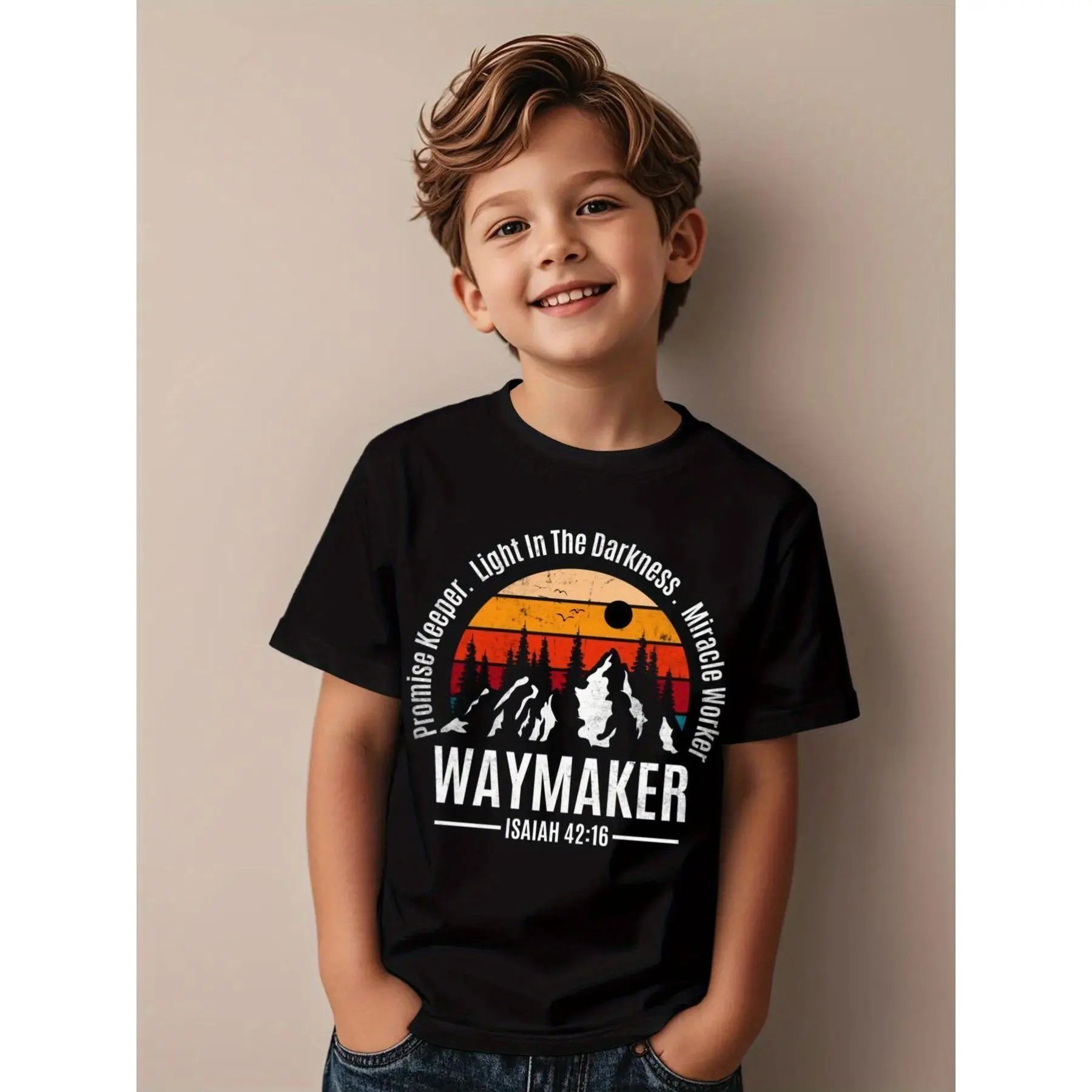 3Y-13Y Waymaker Graphic T-Shirt for Kids - Featuring Inspirational Text 'Promise Keeper, Light In The Darkness, Miracle Worker', Mountain Sunset Design - Perfect Casual Summer Tee for Boys and Girls - Ideal Gift for Family and Friends
