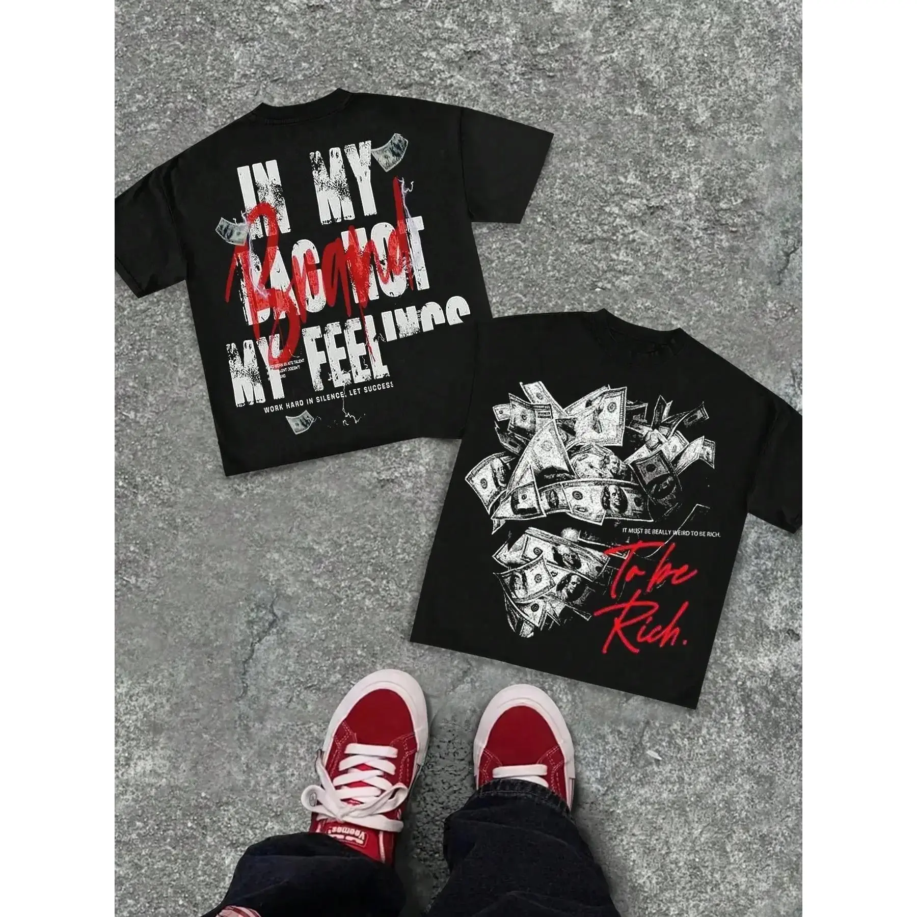 Oversized Black Graphic T-Shirt Menswear Fashion |   Y2K Streetwear Hustle Money Print Tee |   'To Be Rich' Statement Top for Hip-Hop Night Out & Street Style