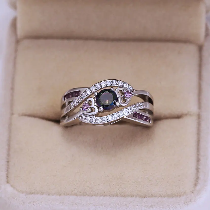 Purple Zircon Heart Four Prong Wedding Ring Dainty Women Finger Jewelry Accessory