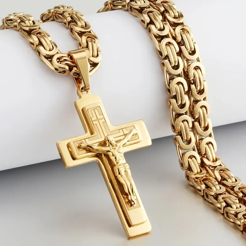 Men's Stainless Steel Fashion Pendant with Three-Layer Cross and U-Shaped Handmade Flat Necklace, Steel Color Version