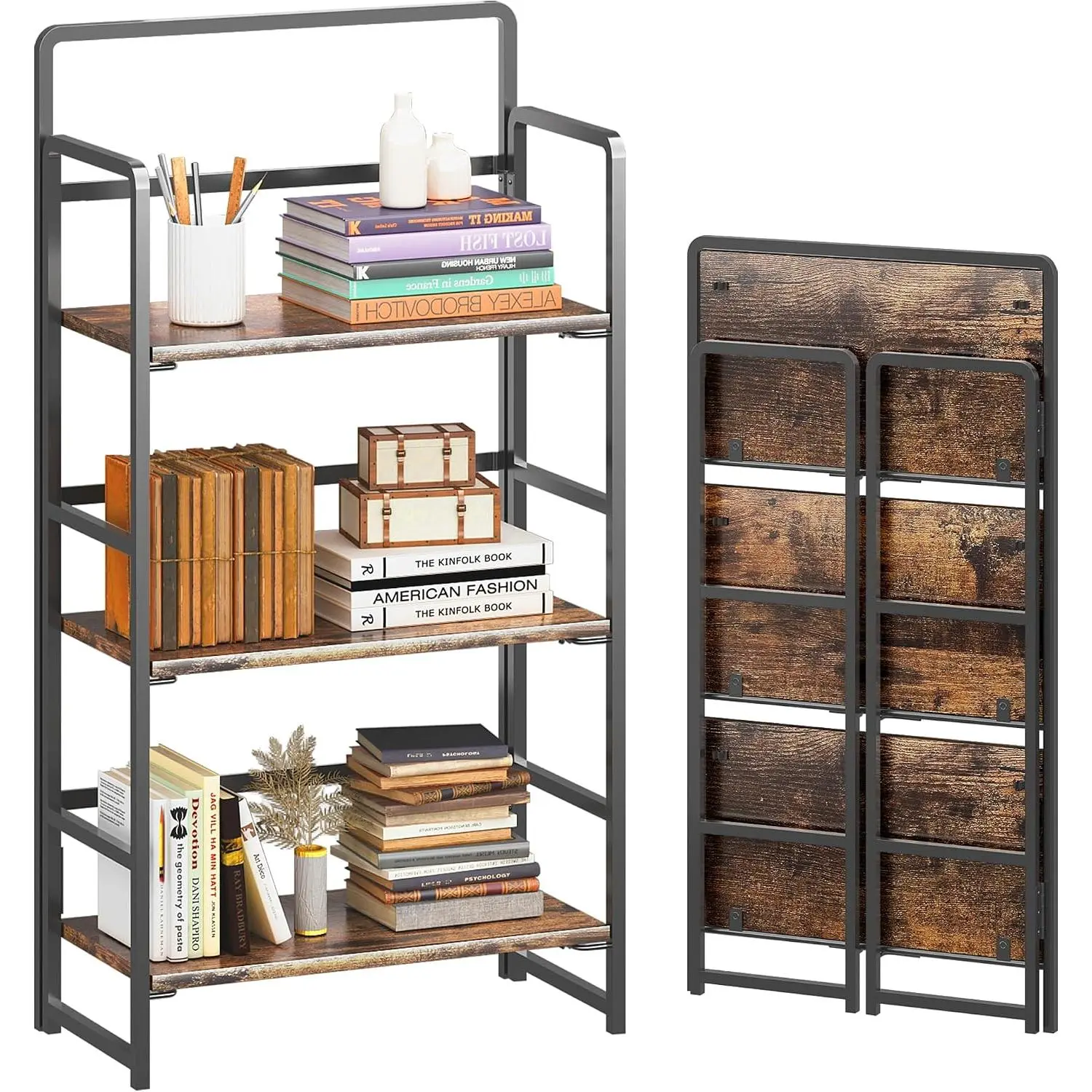 No Assembly Folding Bookshelf, 3-Shelf 42.1" H Collapsible Foldable Bookcase Storage for Small Spaces, Rustic Brown and Black
