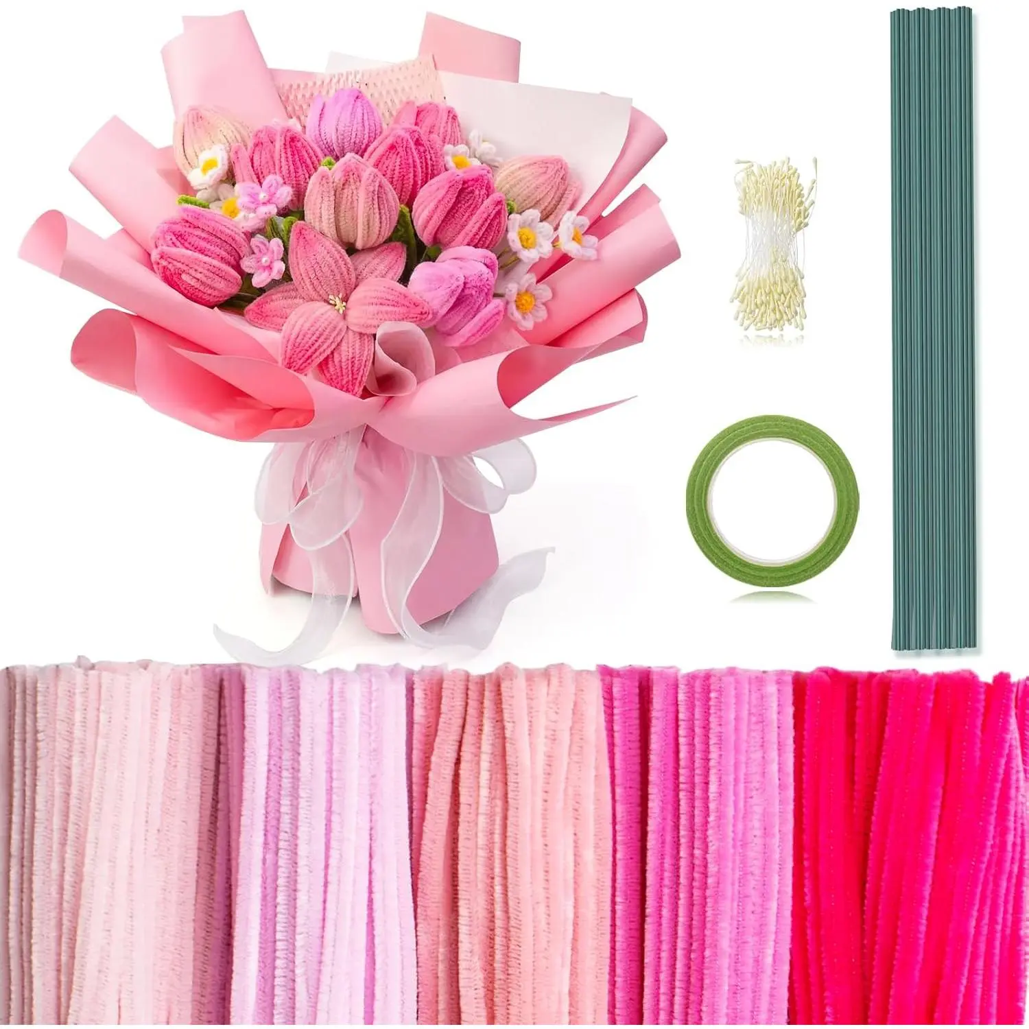 371 Pcs Pipe Cleaners Flowers Kit, Chenille Stems Bulk with Floral Wire Gardening Tape Stamen, Fluffy Limpiapipas para Flores for DIY Mother's Day Decor(Pink)