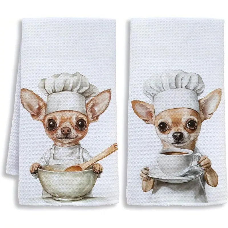 2pcs Funny Chef Chihuahua Kitchen Towels, Gifts for Women Dish Tea Handkerchiefs in the Kitchen. Ideal Gifts and Decorative Hand Towls Foor Cheffs an Coffee Lovers