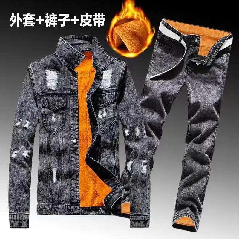 Winter men's wool lined thick warm denim two-piece set slim fit denim jacket jeans set work pants