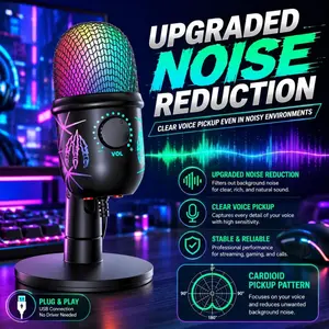 Game Microphone with Noise Reduction, USB Computer Mic with LED Light, Plug and Play, Compatible with PC, Phone, MAC, Ps4/5, Condenser Mic for Recording, Youtube, Live Streaming