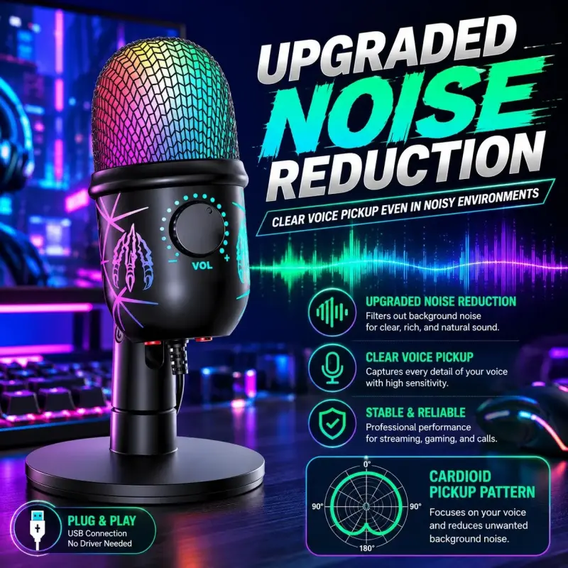 Game Microphone with Noise Reduction, USB Computer Mic with LED Light, Computer Gaming Mic, Plug and Play, Compatible with PC, Phone, MAC, Ps4/5, Condenser Mic for Recording, Youtube, Live Streaming