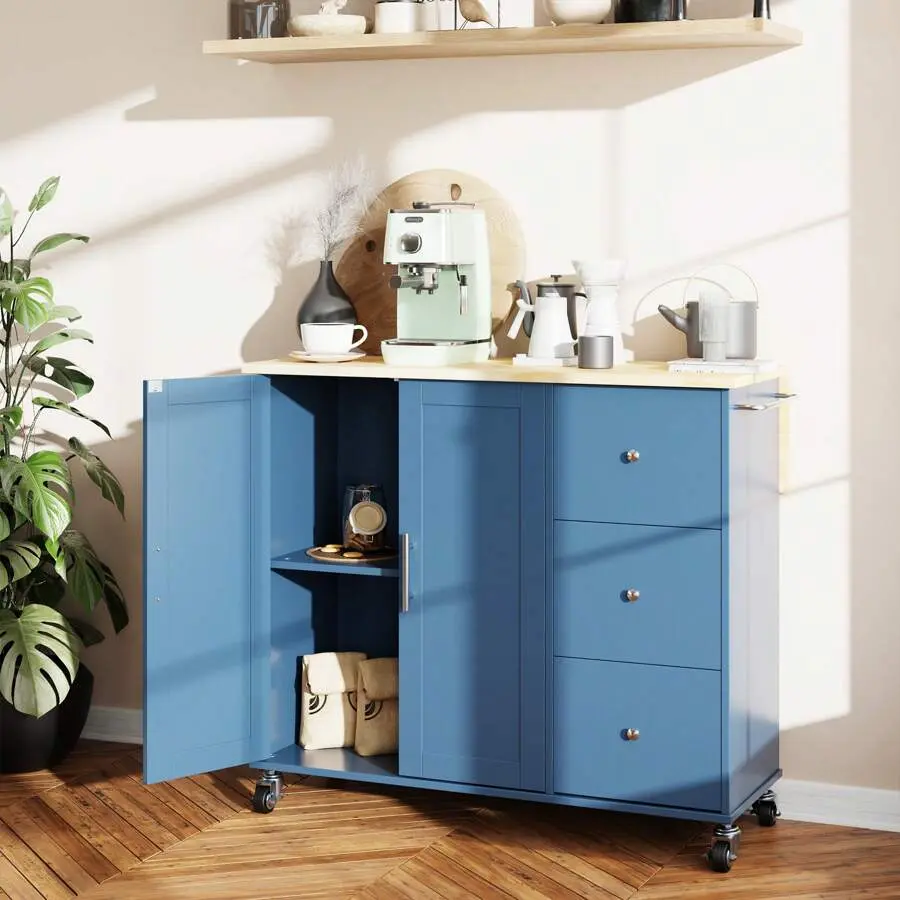 Island With Storage, Island On Wheels With Drop Leaf, Open Spice Rack Shelf, Door Cabinet, Drawer, Cart Island Table