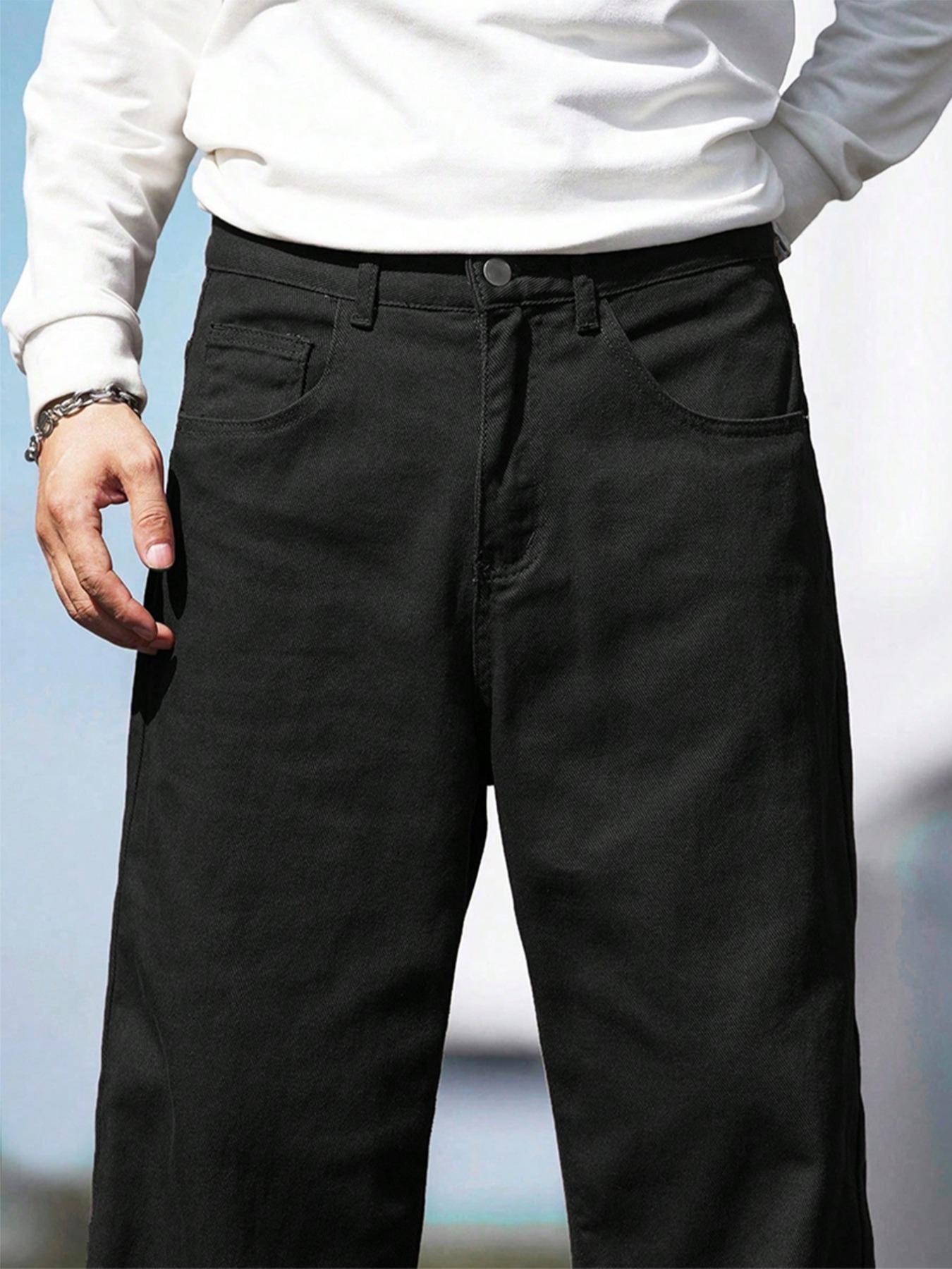 Men's Solid Wide-Leg Non Distressed Jeans - Loose Street Style, Comfort Fit, Everyday Casual Wear