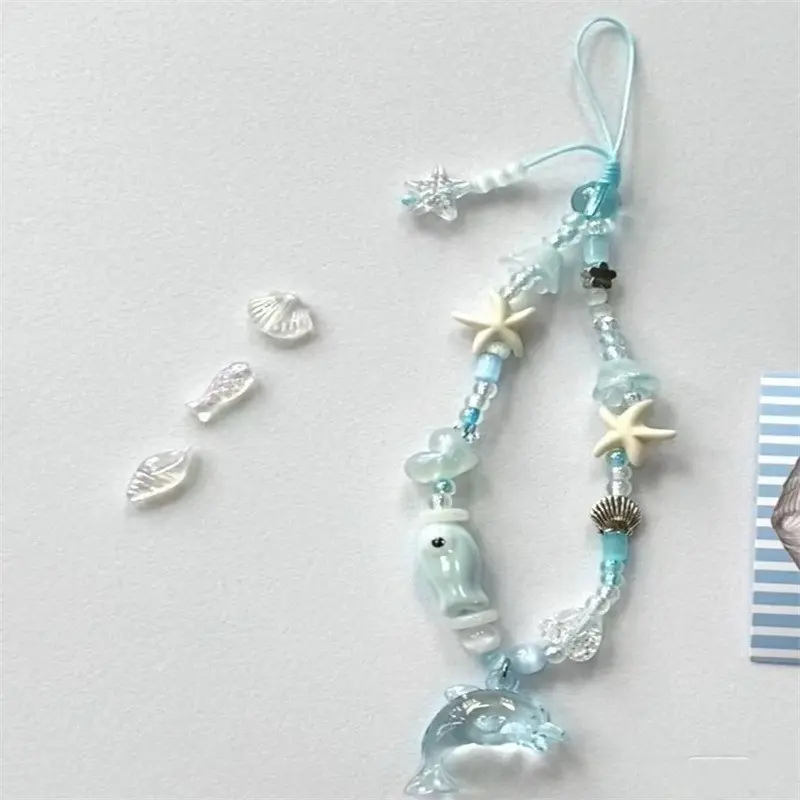 Blue Ocean Theme Acrylic Beaded Phone Chain, Dolphin Starfish Shell Decor, Fits Phone Case Camera Bag Backpack Keychain