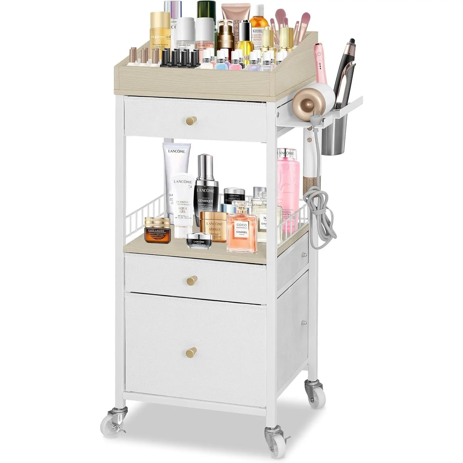 Makeup Organizer Cart with 3 Drawers, Large  Organizer with Detachable Hair Tool Holder, Makeup Cabinet  Display Cases for  Care Perfume  Polish, White &