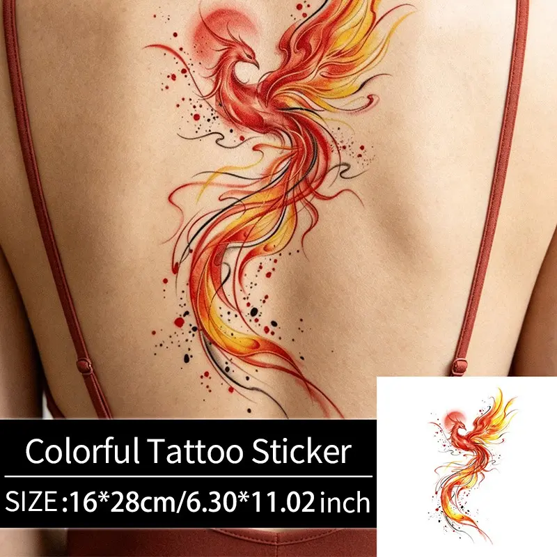 Fire Phoenix Watercolor Temporary Tattoo Stickers, Long-Lasting Waterproof, Realistic Fake Tattoos for Face, Arms, Legs, Chest, Back, Waist