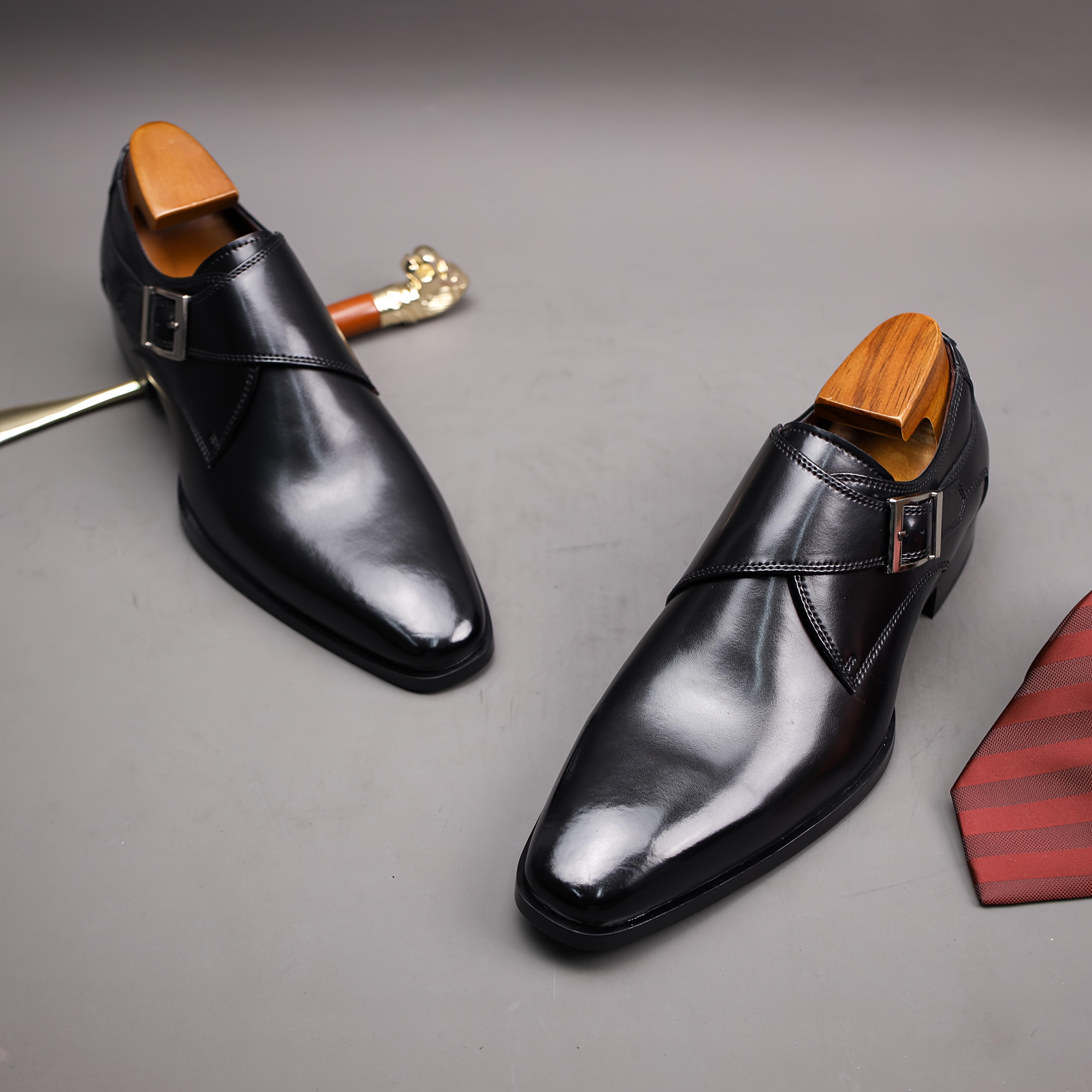 2025 Men's Genuine Leather Buckle Slip-On Formal Shoes - Brown Round Toe Casual Business Wedding Shoes, Suitable for Office and Daily Wear - Four Seasons Comfortable Rubber Sole