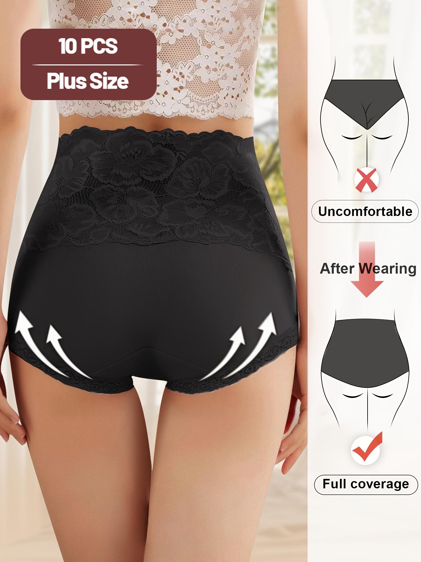 10 pieces of women's plus-size high-waisted seamless tummy control panties - lace-trimmed, medium stretch, comfortable for daily wear, elegant solid color, exquisite design, moderate elasticity, stylish and durable, exclusive for slim curves