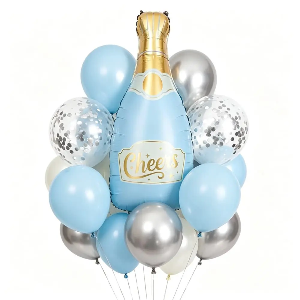 New Champagne Bottle Balloon Set with Silver and Blue Latex Balloons, Perfect for Birthday Party Decorations, Singles Day and Anniversary Parties