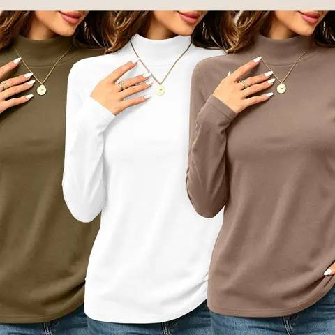 3-Pack Women's Half-Neck Long Sleeve Fleece Lining Top, Multiple Colors, Soft Skin-Friendly Fabric, Casual Fashion Design