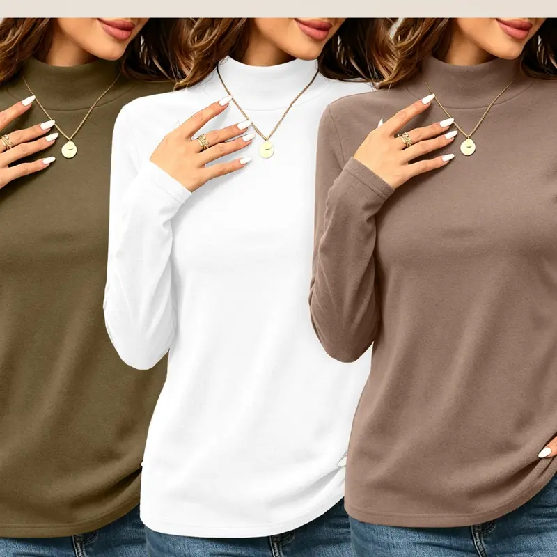 3-Pack Women's Half-Neck Long Sleeve Fleece Lining Top, Multiple Colors, Soft Skin-Friendly Fabric, Casual Fashion Design