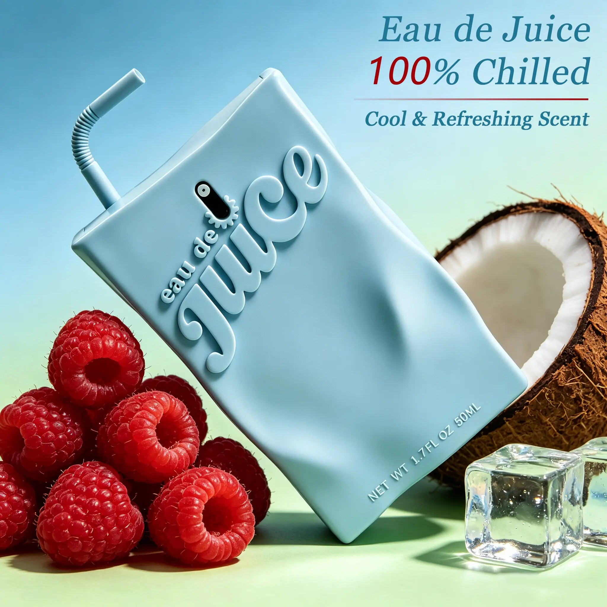 Eau de Juice 100% Chilled Perfume for Women. Designed in a cute blue juice box shape with exquisite texture. Boasts floral fruity woody aroma, delivering long-lasting fresh scent. Daily Summer Fragrance. Ideal for daily wear, beach dates and summer gifts.
