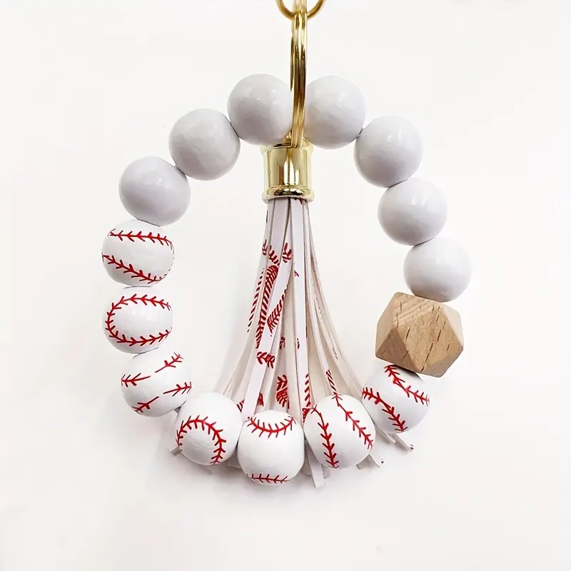 Cartoon Round Wooden Bead Wrist Bracelet Keychain, Stylish PU Leather Tassel Beaded Wristlet Key Ring, Dual-Use Bracelet & Key Holder for Bags, Keys & Daily Fashion Decor
