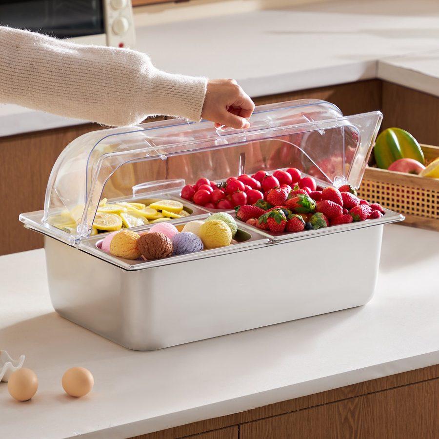 VEVOR Countertop Food Serving Display Container, 4 Pan Stainless Steel Food Serving Tray, Buffet Condiment Dispenser Display Rack with Clear Lid 3 Freezer Boxes, for Restaurant Hotel Kitchen Party