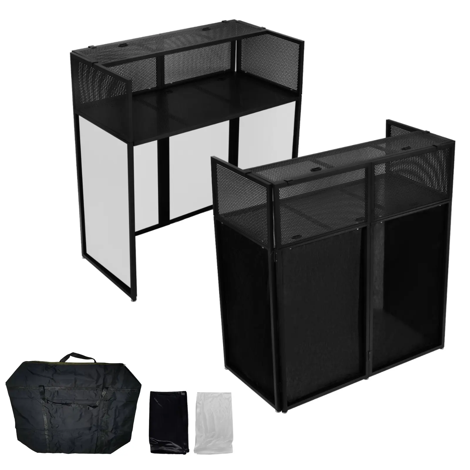Portable DJ Booth Table with Metal Frame, 4 Black and 4 White Scrims, Mesh Panels and Storage Bag for Events, Clubs, Bars, Controllers, Laptops and Mixers
