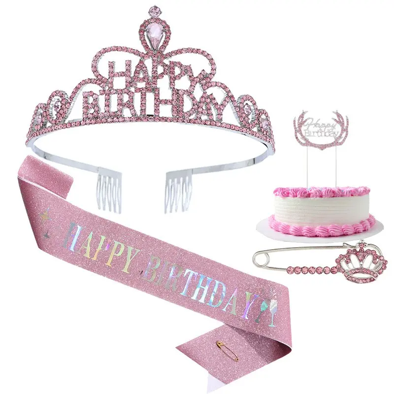 Pink Birthday Girl Tiara & Sash Set, Rhinestone Princess Crown, Glitter Birthday Sash, Cake Topper and Decorative Pin for Women & Girls