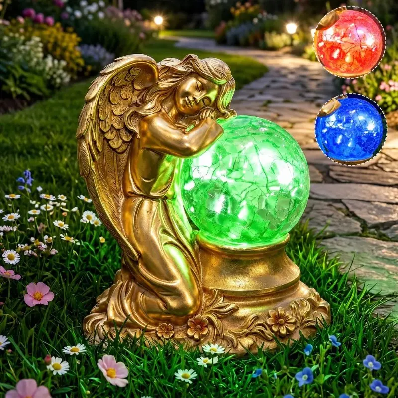 Solar Angel Garden Statue - Outdoor Resin Decor with Crackle Glass Ball for Patio, Memorial Figurine Gift for Mom, Home Decor Statue for Lawn Porch
