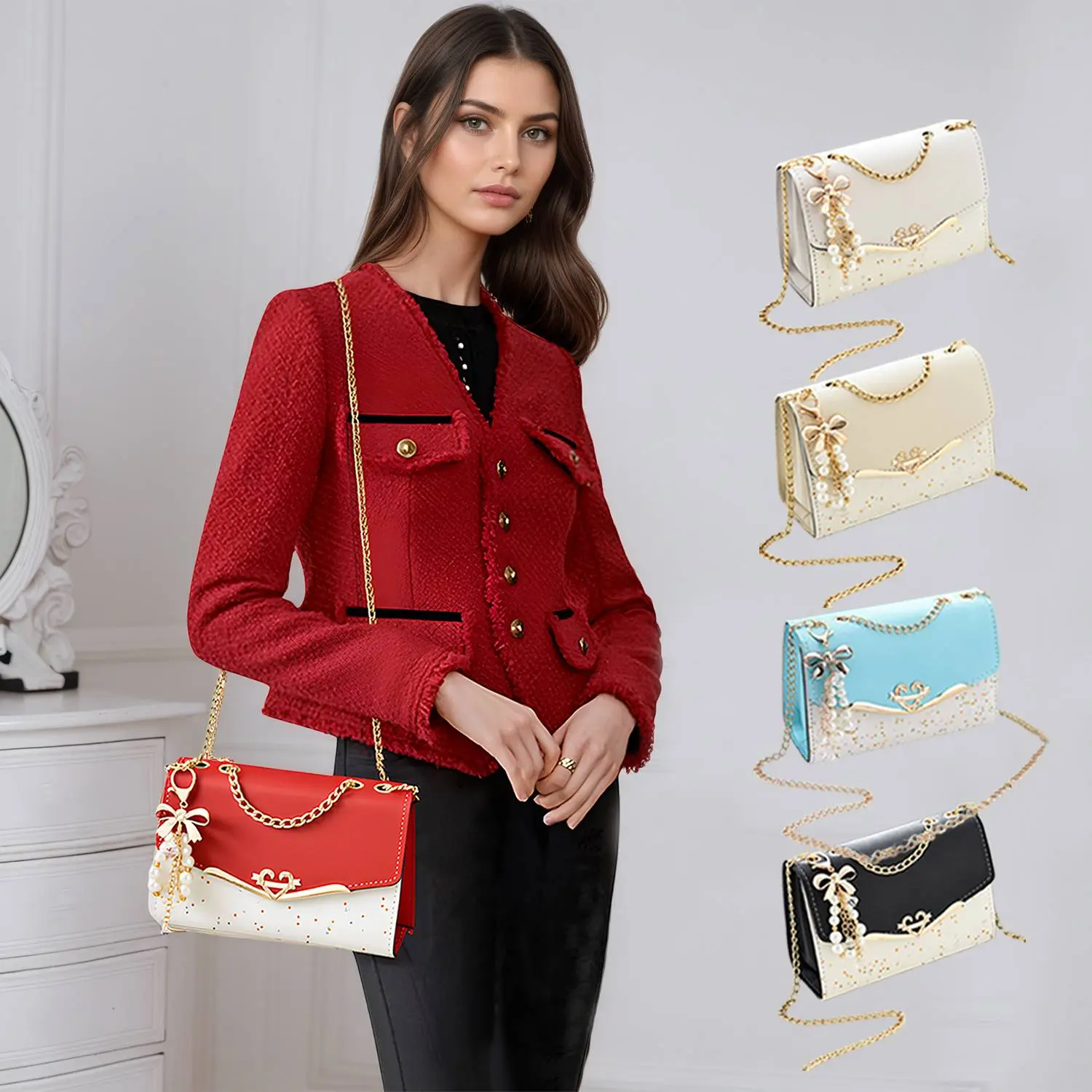 Women's PU Leather Glittering Sequins Crossbody Bag - Chain Flap Shoulder Satchel with Bow Pearl Pendant, Magnetic Closure, Elegant Casual for Party, Travel, Christmas Gift, Plain Chain Strap (Do Not Wash)