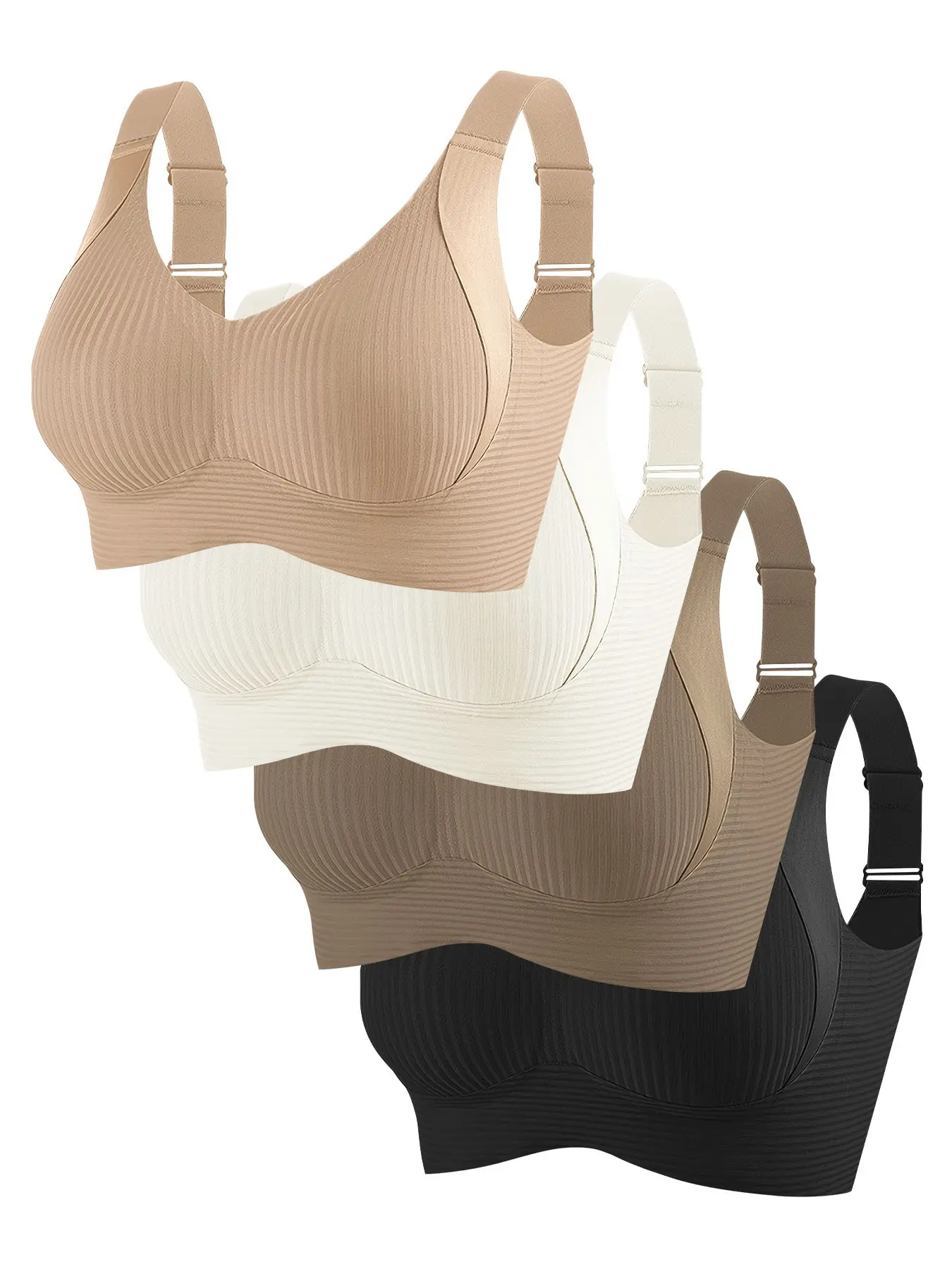 Women's Wireless Everyday Bra Set, Adjustable Strapless Push-Up Bras, Soft Breathable Ribbed Fabric, Perfect for All Seasons, Casual Style