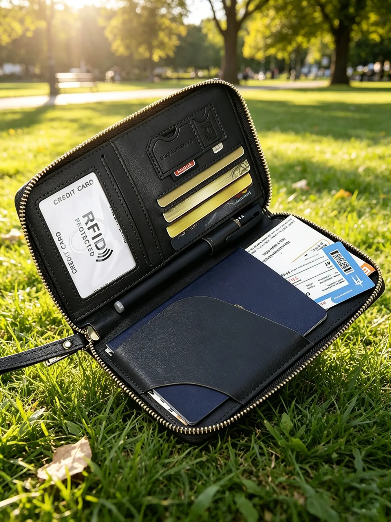 Trendy Versatile Passport Wristlet Clutch, Metal Zipper Closure, Multi-Pocket Organizer for Phones, Cards, Passports & Cash, Passport Wallet