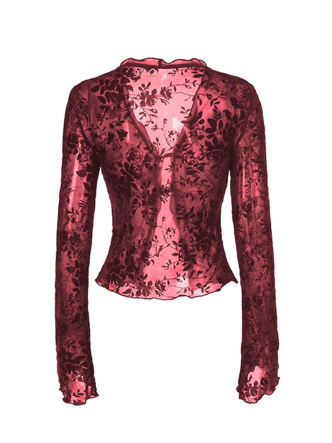 Women's Plain Floral Print Tulle Top Blouse, Classy Elegant Slim Long Sleeve Top for Summer, Ladies Clothes for Daily Wear