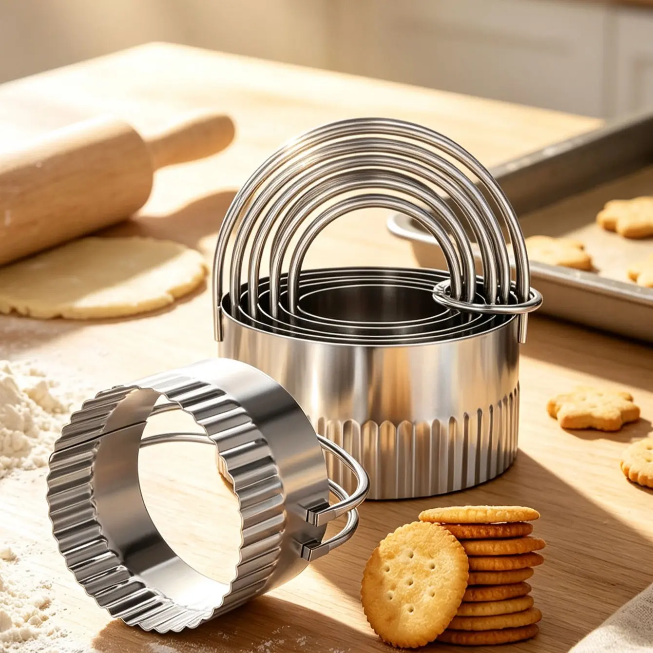 6pcs Food Grade Stainless Steel Baking Kit, Kitchenware Bakeware, Non-Stick Rolling Pin, Multi-Size Biscuit Cutters, Reusable Pastry Mold, DIY Baking Tools