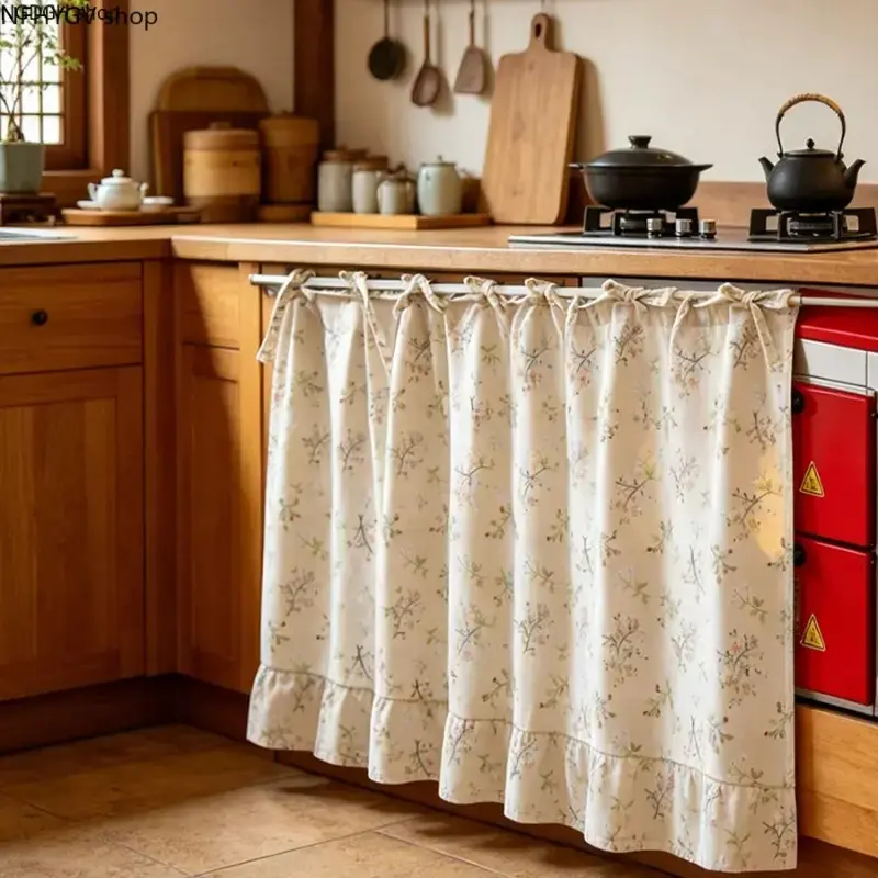 Cotton-Linen Floral Printed Half Curtain, No-Drill Mount Short Partition Curtain, Multi-Purpose Decorative Cover For Kitchen Cabinets And Stoves, Soft Breathable Fabric Home Decor Accessory, Simple Tool-Free Installation Design, Suitable For Kitchen Space