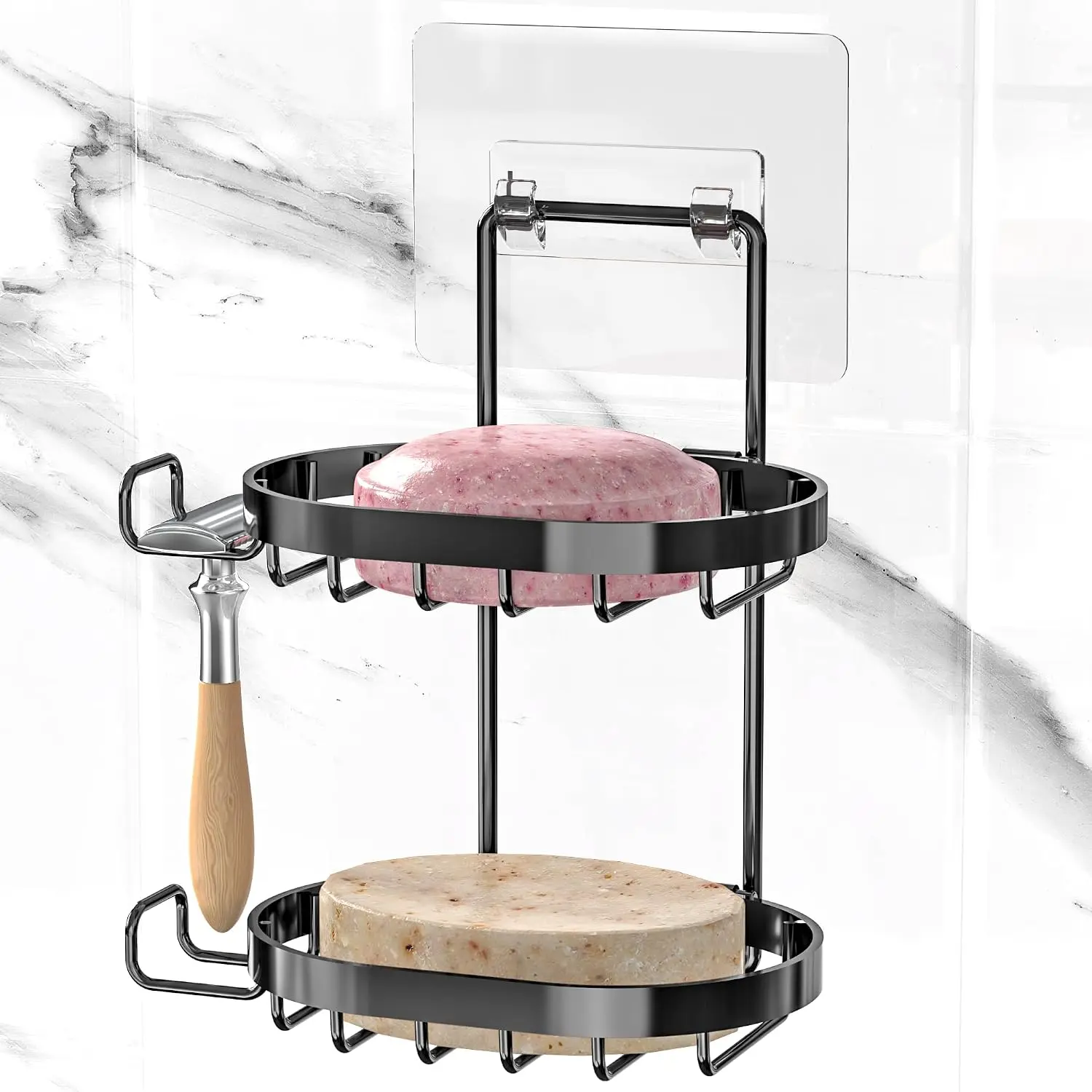 2 Tier Soap Dish Holder, Soap Bar Holder with Hooks, Shampoo Bar  for Shower Wall, Razor Holder for Shower, Bar Soap Container 304 Stainless Steel, Bathroom (Black)