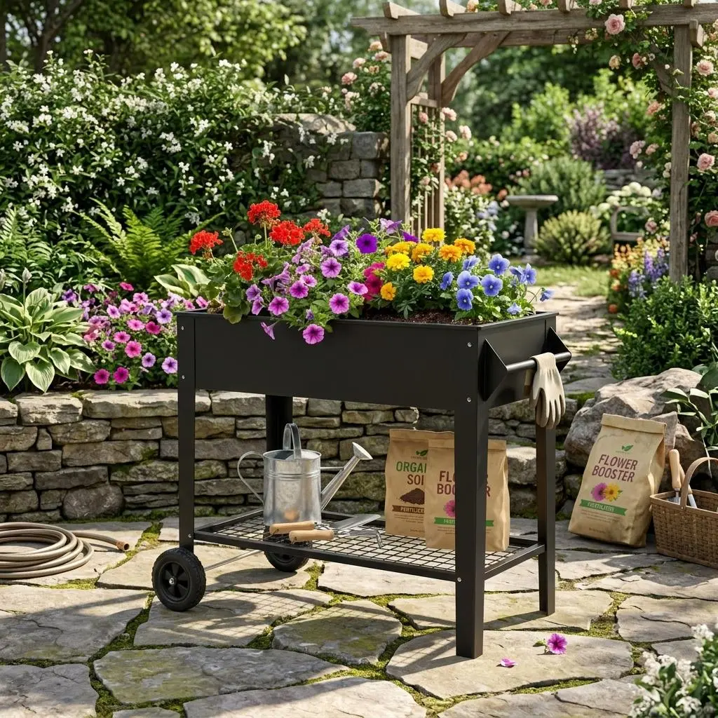 Wheeled Elevated Planter Box, Sturdy Steel Frame with Bottom Storage Rack, Anti-rust Finish and High Weight Capacity, Great for planting herbs and vegetables outdoors