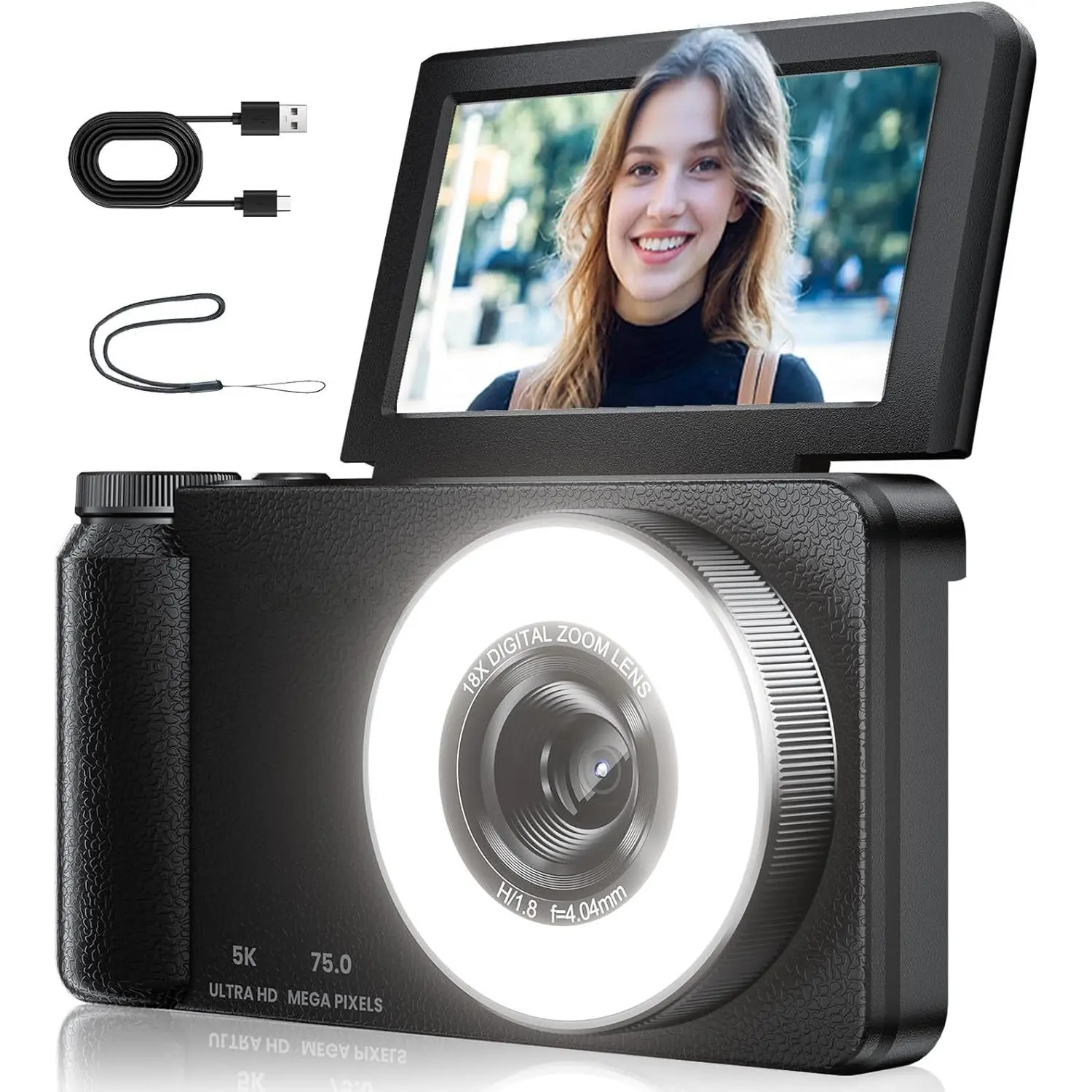 5K Digital Camera for Photography with Fill Light, 3'' 180?Flip Screen, 75MP Vlogging Camera for YouTube Video, 18X Zoom Compact Point and Shoot Cameras for Beginner Teens, , Black
