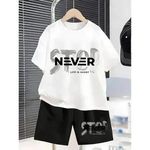 Boys' Short Sleeve Set Summer 2026 New NEVER STOP LIFE IS SHORT Inspirational Letter Print T-Shirt And Shorts 2pcs Outfit, for Outdoor