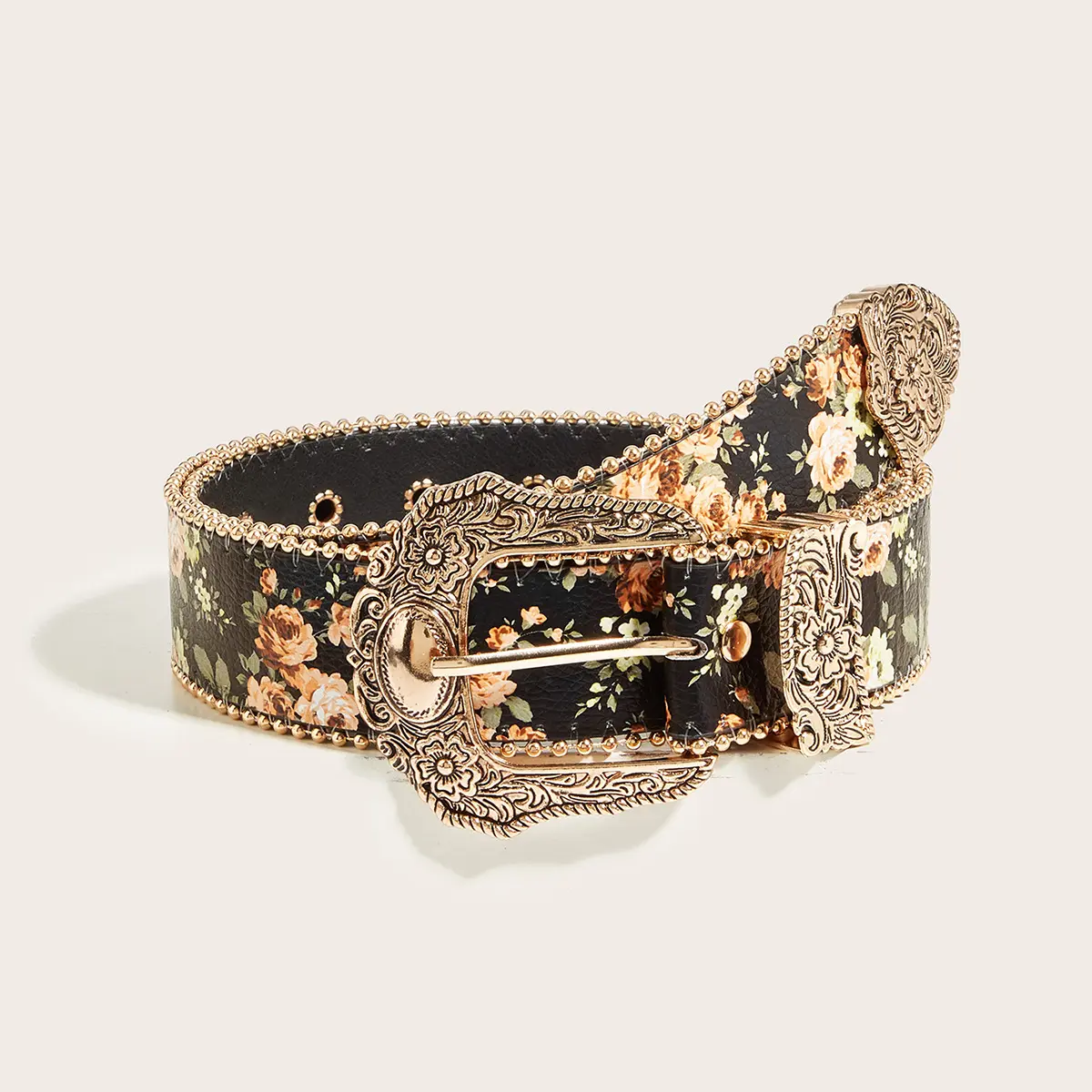 Women's Heavy Duty Boho Floral Print PU Leather Wide Belt - Female Accessory with Vintage Beaded Carved Metal Pin Buckle for Jeans, Dresses, Casual Wear, Beading