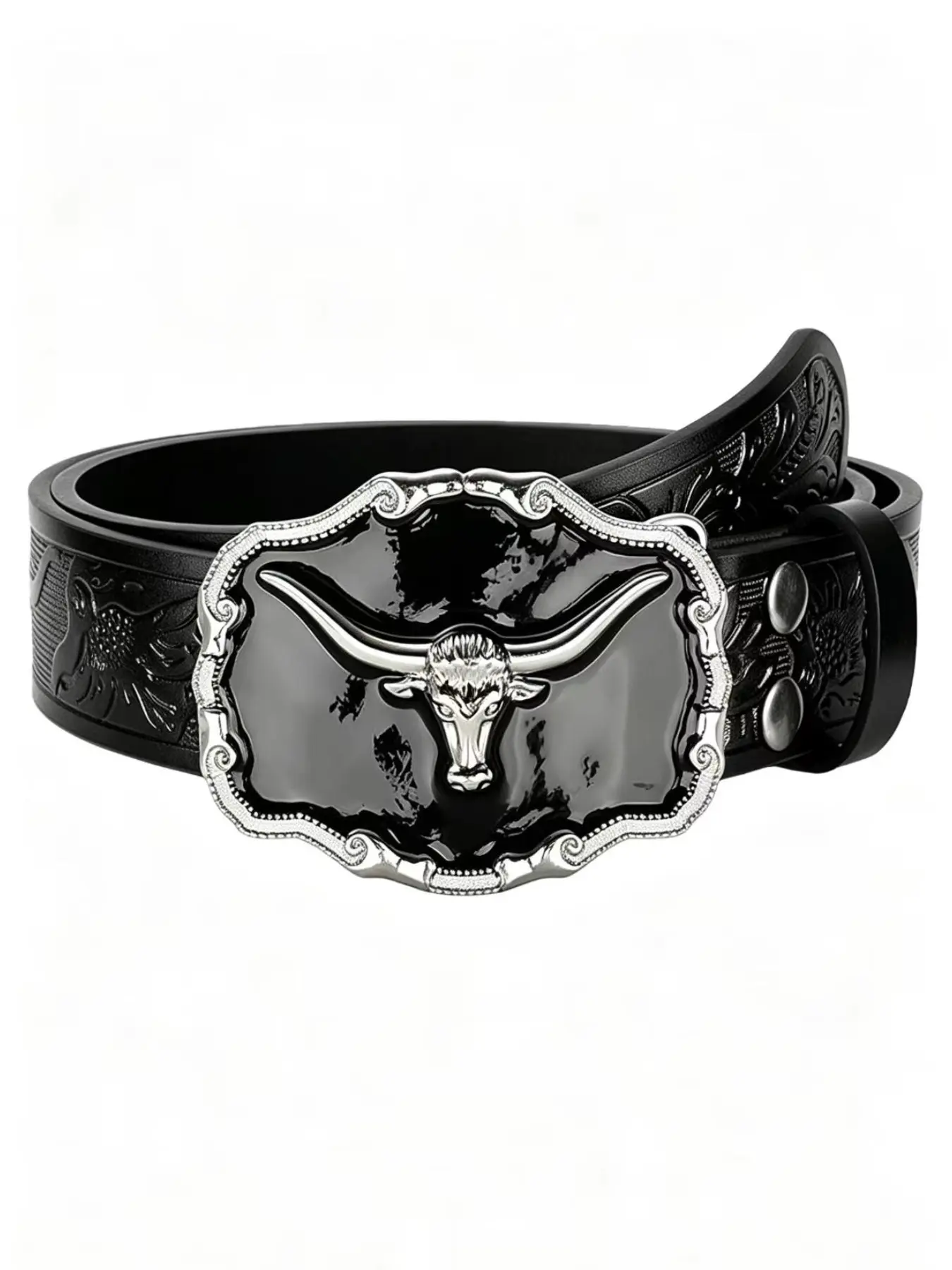 Western Style Longhorn Bull Head Metal Buckle Belt, Unisex Vintage American Cowboy Embossed Leather Waistband, Men's and Women's Fashion Accessory
