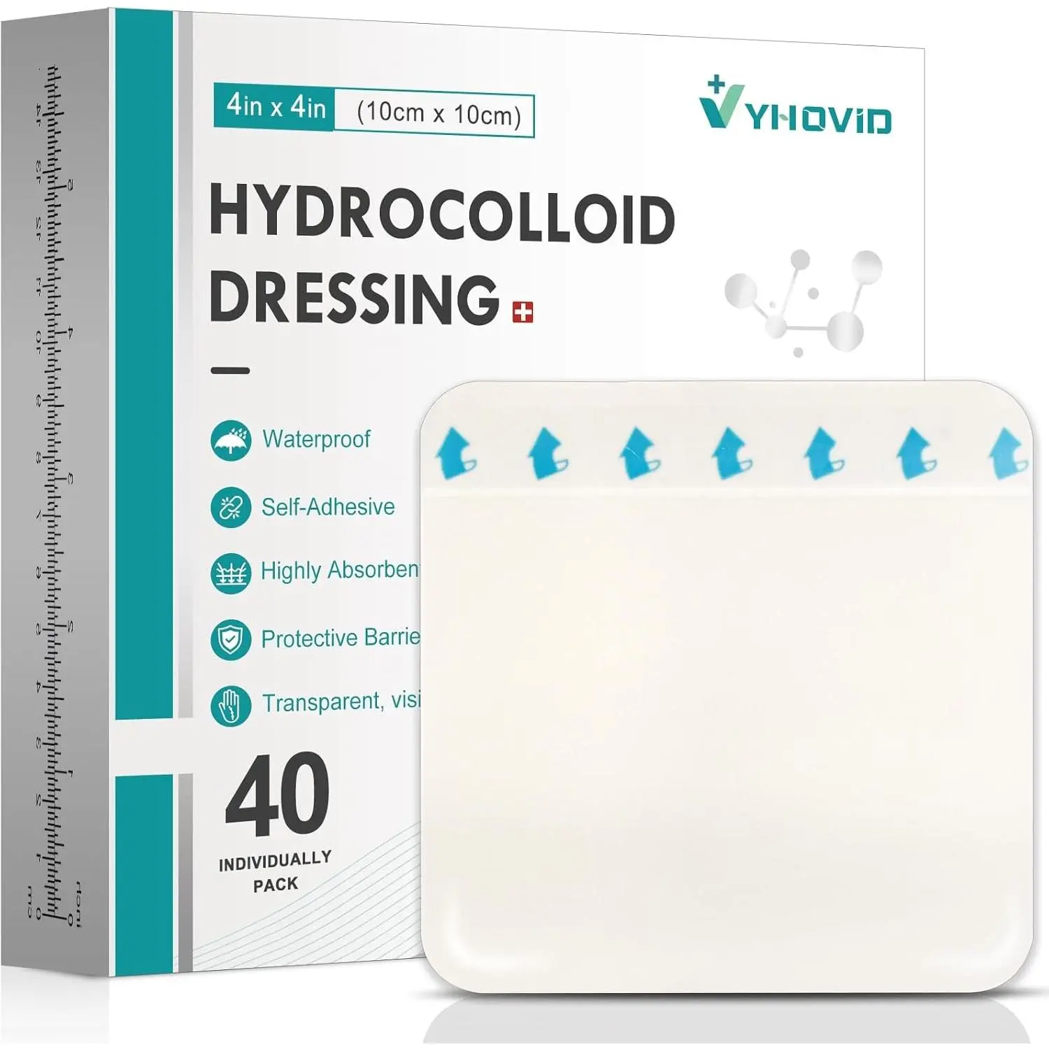 40 Pack Hydrocolloid Wound Dressing 4" x 4", Hydrocolloid Patch Bandages with Self-Adhesive, Bed Sore Bandages, Highly Absorbent for Burn, Blister, Acne Care, Sterile and Waterproof