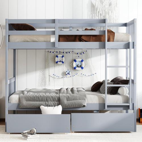Bellemave】Twin Over Twin Rubber Wood Bunk Bed with 2 Drawers, Convertible into 2 Twin Beds, Twin Size Bunk Bed with Ladder and Safety Guardrails,Espresso