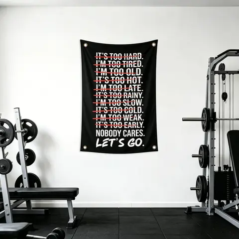 Nobody Cares Let's Go Gym Motivation – Bold Black White Red Typography Design, 2D Single-Sided Polyester Flag with 4 Metal Grommets, Wall Decor Flags, Decoration Banners, Easy Hanging Decor Wall Backdrop for Home Gym, Fitness Room & Dorm Wall