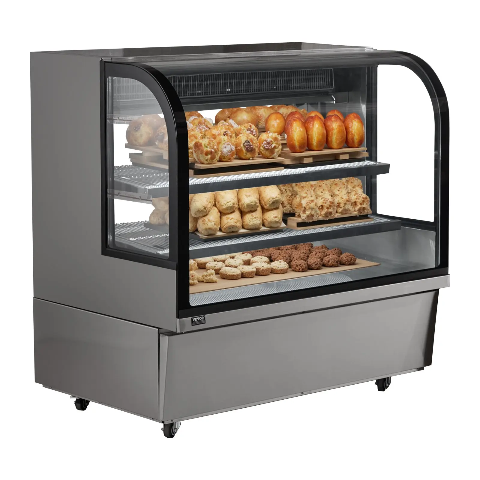 Refrigerated Display Case, 18 Cu. Ft./ 505L Large Pastry Display Case, 2-Tier Commercial Display Refrigerator with LED Lighting, Downdraft Cooling, Movable with Casters, for Bakery