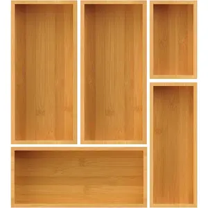 Bamboo Drawer Organizer Set, 5-Piece Storage Trays for Kitchen, Bathroom, Office Desk, Makeup & Junk Drawers,Utensils