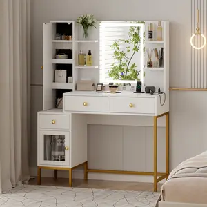 Modern Makeup Vanity Desk with LED Lighted Mirror Charging Station and Velvet Jewelry Cabinet Storage Dresser Table with Drawers for Bedroom