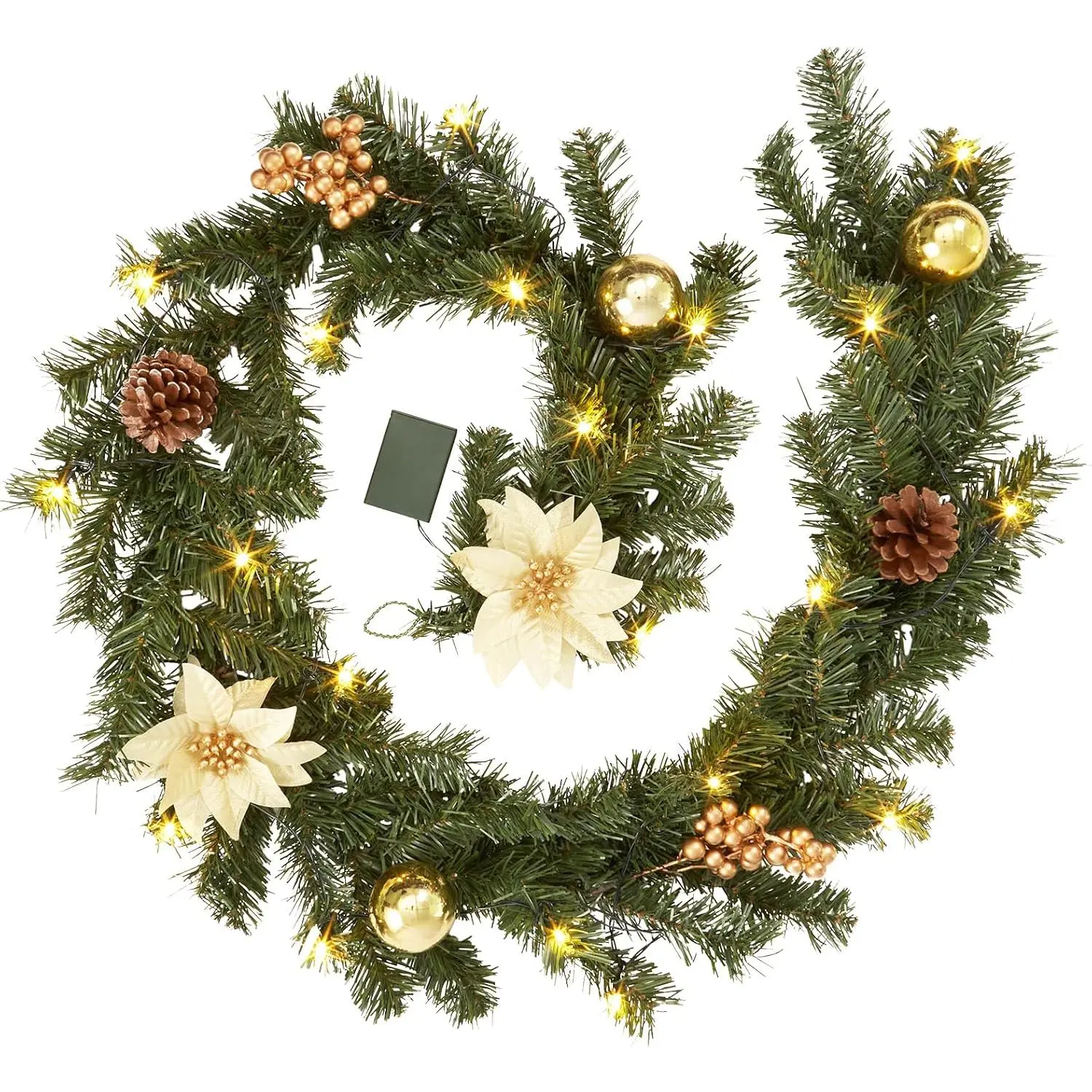 Christmas Garland for Mantle, 6Ft Prelit Garland Christmas Decorations with 20 LED Lights, Poinsettias Flowers & Ball Ornaments for Fireplace Stair Railing Decor, Gold