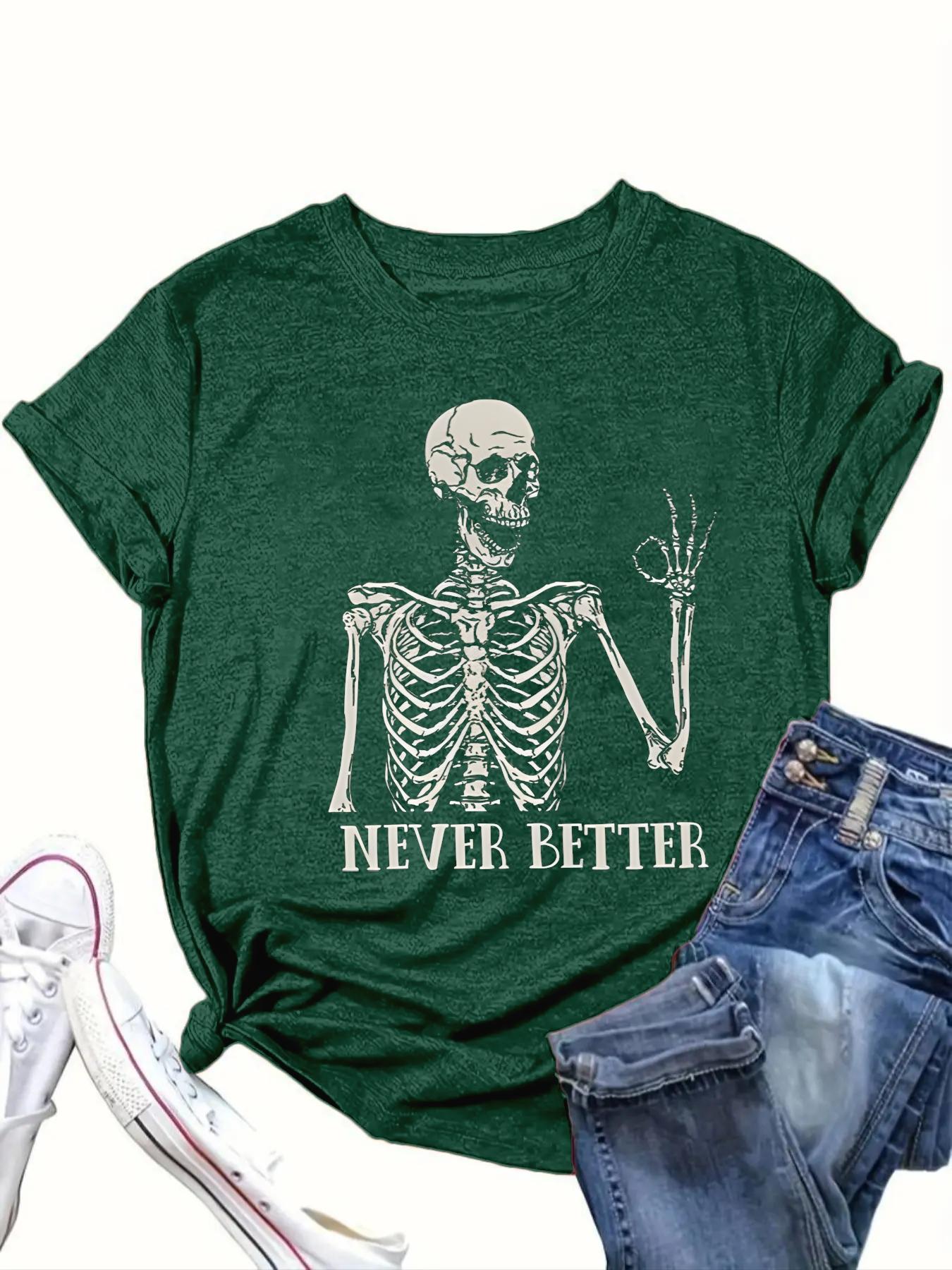 【Plus Size】 Letter & Skull Print Round Neck Tee, Casual Short Sleeve Crew Neck T-Shirt for Daily Wear, Women's Clothing for All Seasons, Halloween