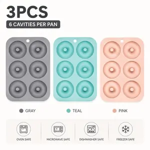 3 Pack Large Capacity 6-Cavity Silicone Donut Baking Molds, Non-Stick Heat Resistant Doughnut Pan, Microwave and Dishwasher Safe, Reusable Bakeware for Homemade Donuts, Bagels, Suitable for Home and Commercial Baking Use