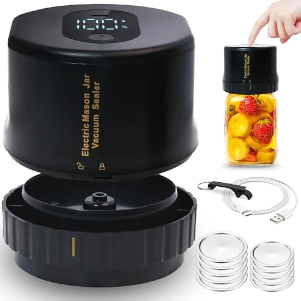 2026 All-New Electric Mason Jar Vacuum Sealer Machine, Auto-Rechargeable Food Saver Kit with 5 Lids & Opener